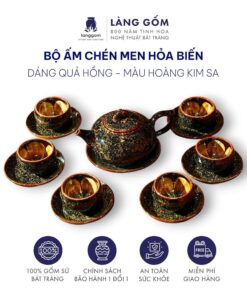 Bộ ấm chén uống trà men hỏa biến màu hoàng kim sa