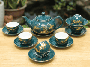 Bộ ấm chén gốm bát tràng vẽ vàng 24k