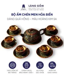 Bộ ấm chén uống trà men hỏa biến màu hoàng kim sa